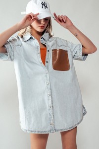 SHORT SLEEVE DENIM SHIRT COLLARED BUTTON DOWN JACKET WITH LEATHER POCKETS