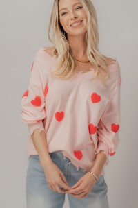 SOFT TOUCH HEART EMBROIDERED FRAYED HEM KNIT TOP