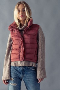 STRIPE QUILTED STAND COLLAR PADDED VEST JACKET