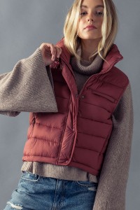 STRIPE QUILTED STAND COLLAR PADDED VEST JACKET