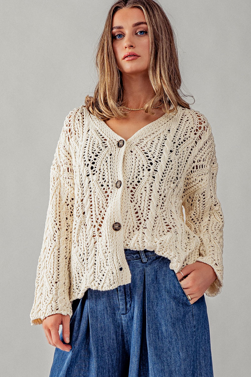 0793-5375<br/>CABLE KNIT PATTERN CROCHET CARDIGAN
