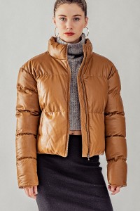 FAUX LEATHER PUFFER ZIP UP JACKET