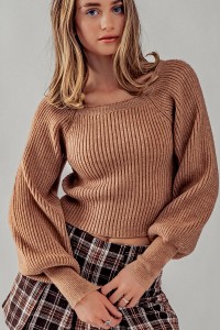 RIBBED KNIT BOAT NECK BALLOON SLEEVE TOP