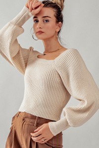 RIBBED KNIT BOAT NECK BALLOON SLEEVE TOP