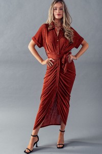 SHAYLA BUTTON DOWN RUCHED LONG DRESS