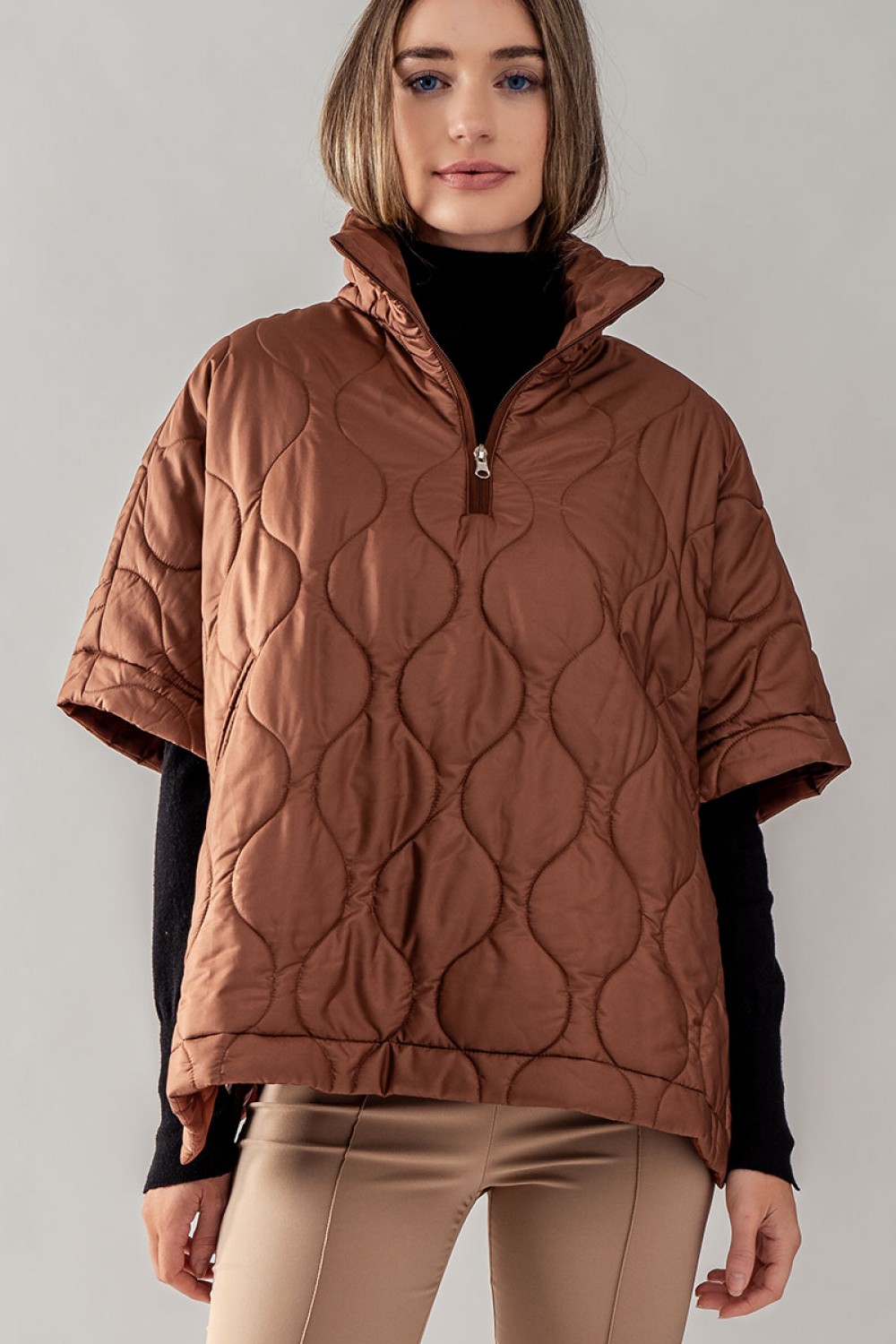 0910-2528<br/>QUARTER ZIP QUILTED PUFFER PONCHO